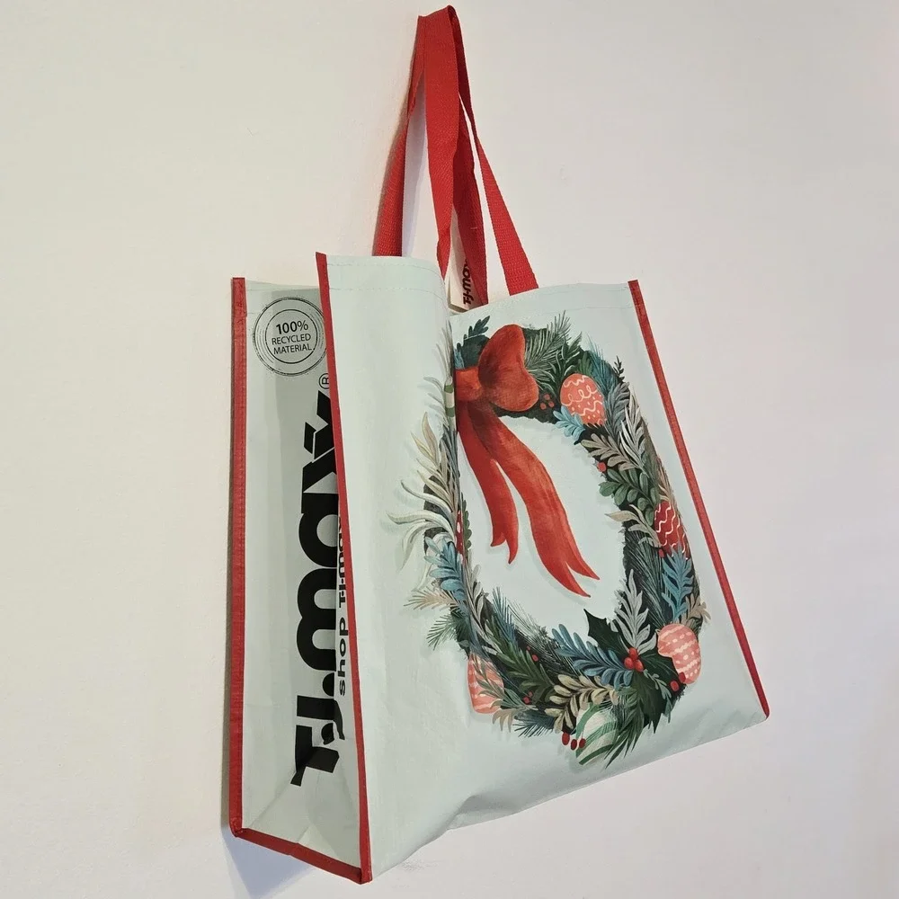 Christmas Wreath Ribbon Bow Greenery Balls Ornaments TJMaxx Tote Bag Gift